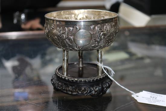 A late 19th/early 20th century Chinese white metal incense burner by Tuck Chang & Co, on hardwood stand, overall height 11.9cm.